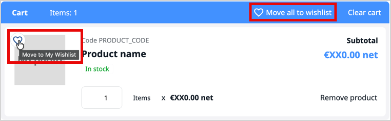 Cart's product list with highligts on "Move to My Wishlist" and "Move all to wishlist" buttons