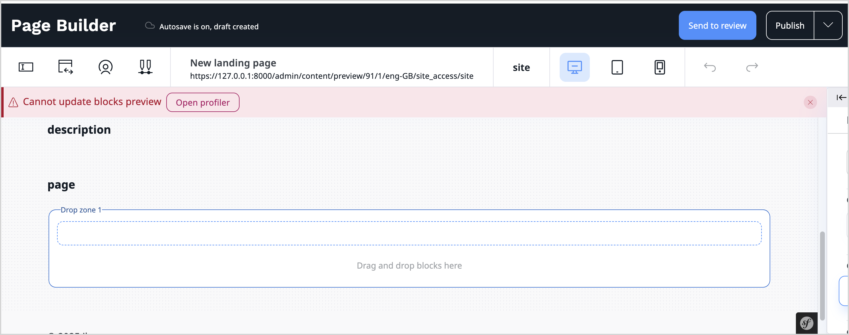 Quickly debug failing Page Builder blocks with "Open profiler" action